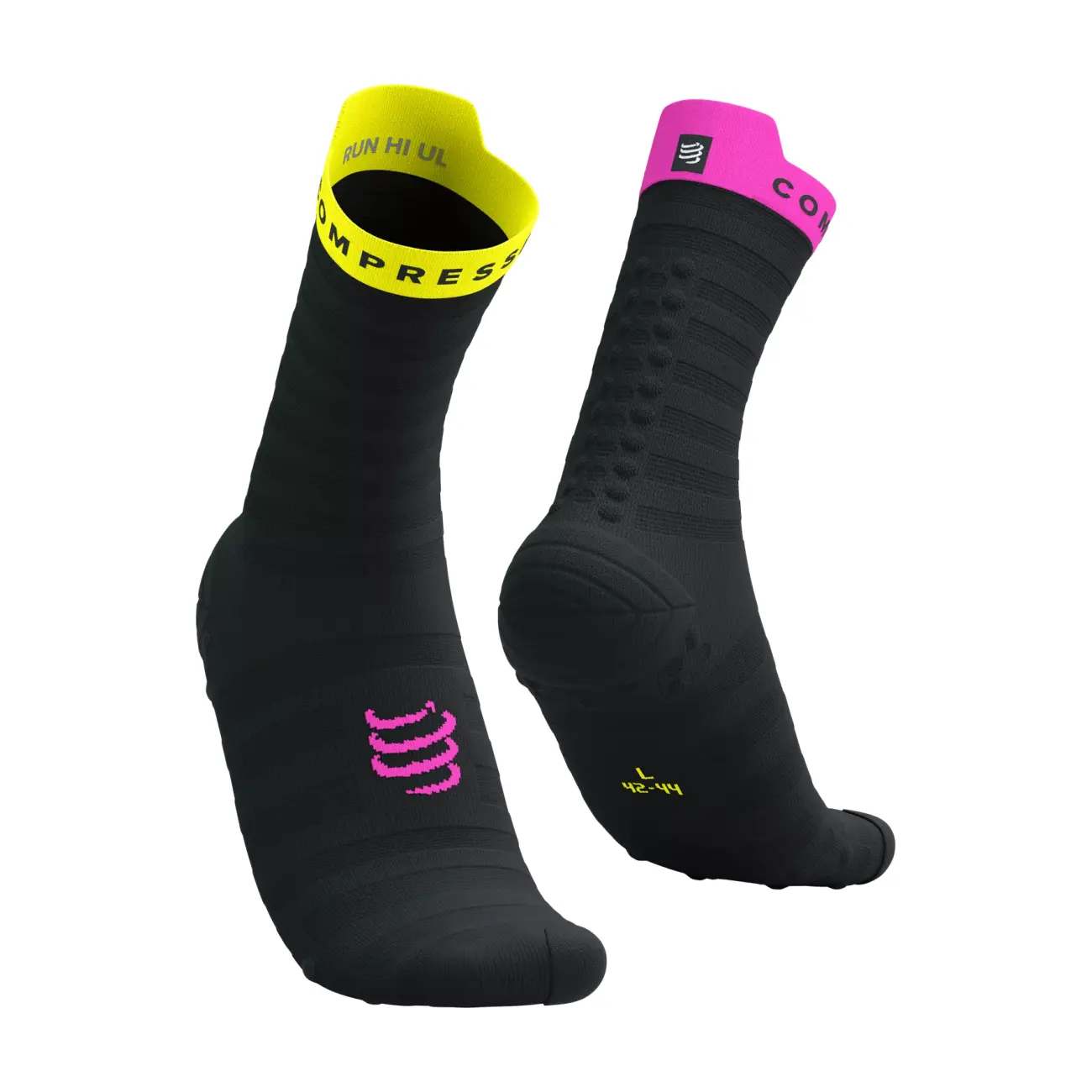 COMPRESSPORT Cyklistické ponožky klasické - PRO RACING V4.0 ULTRALIGHT RUN - černá/žlutá/růžová 35-38